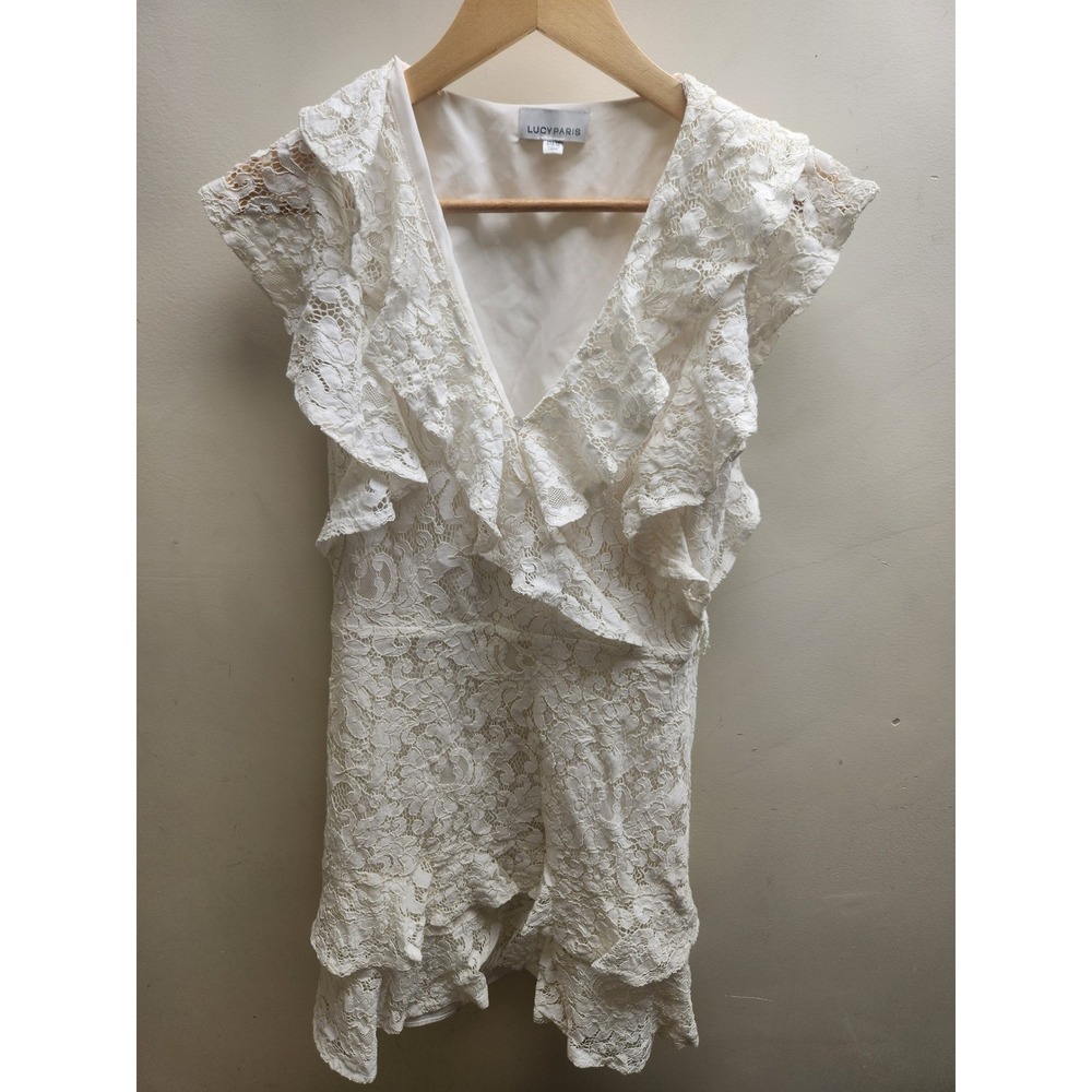 Lucy Paris Womens White Floral Lace Ruffle V-Neck Mini Dress XS‎ Bridal Summer